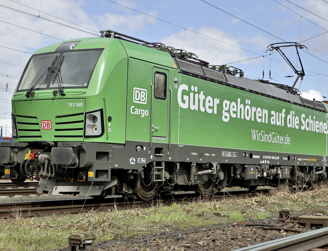 Grüner Güterzug auf einer Schiene