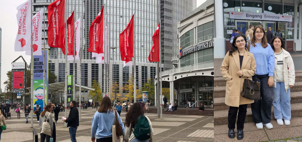Drei junge Menschen vor dem Eingang des Messegebäudes